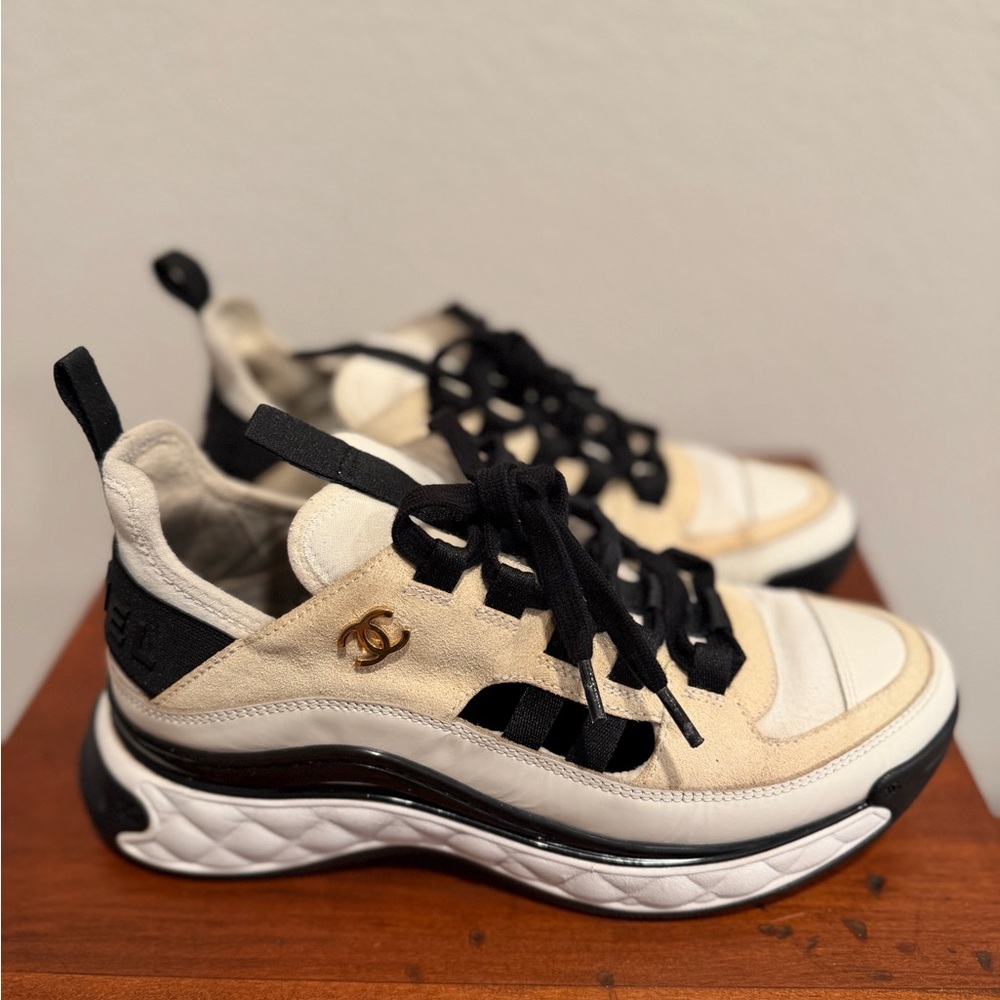 Chanel Cream & Black Suede Sneakers 37
